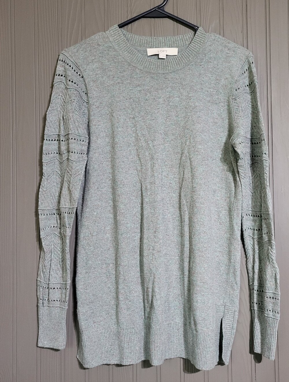 Loft Long Sleeve Sweater Wool Blend Crochet Sleeves Gray Green Women's Medium